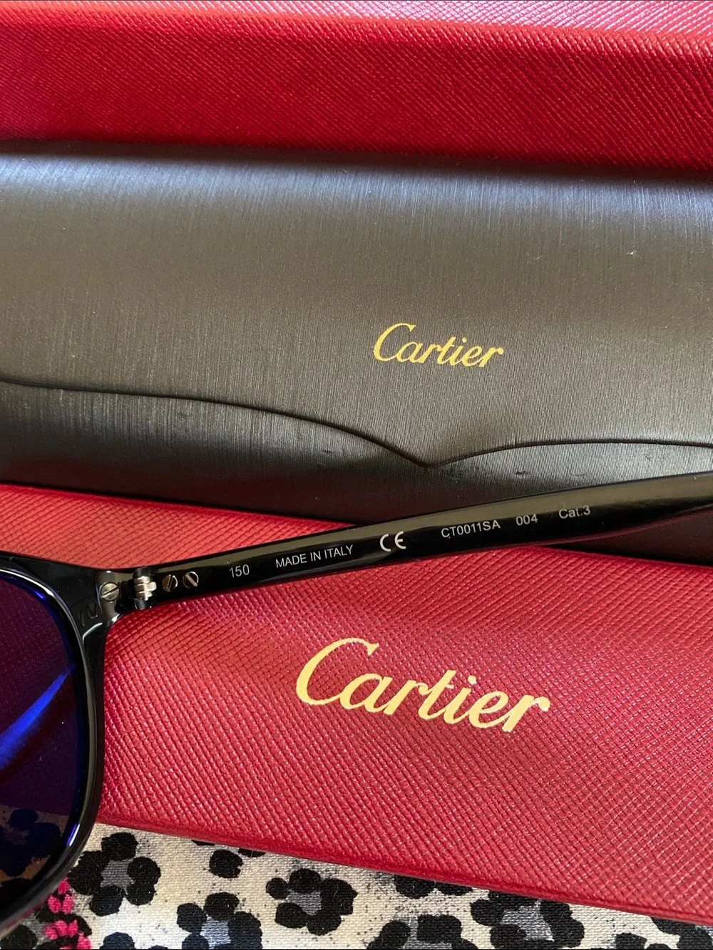 Cartier Made in Italy Black Shiny Silver Logo Unisex Luxurious Sunglasses NWT